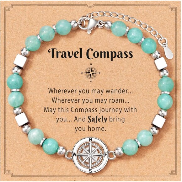 Travel Gift Women Amazonite Stone Compass Bracelet for Travelers Gift - Picture 1 of 6